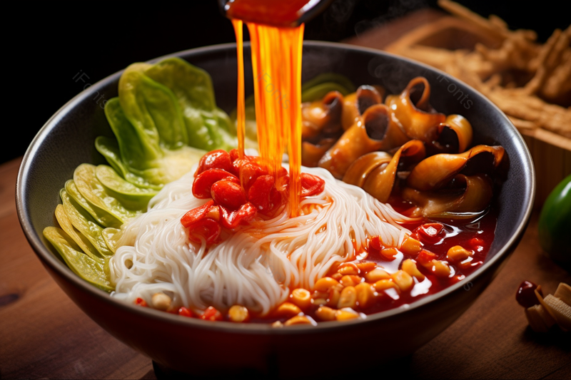 将辣椒油倒入美味的美食螺蛳粉中,高清,摄影图,摄影图片,图片大全,摄影图免费下载